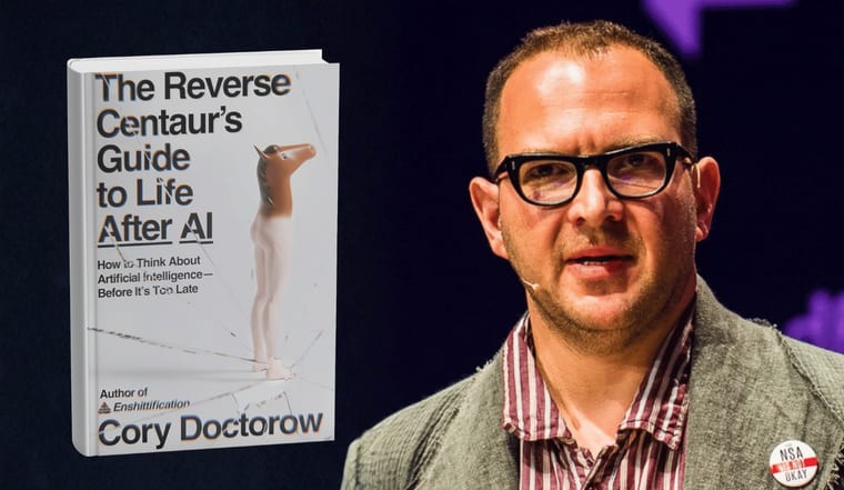 Author Cory Doctorow beside the cover of The Reverse Centaur's Guide to Life After AI