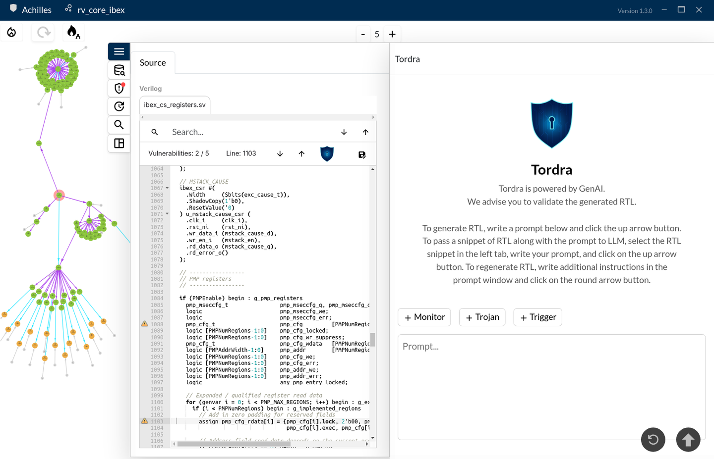 Achilles: Tordra, the GenAI security assistant, generates and inserts on-chip monitor, trojan, and trigger instruments from a prompt.