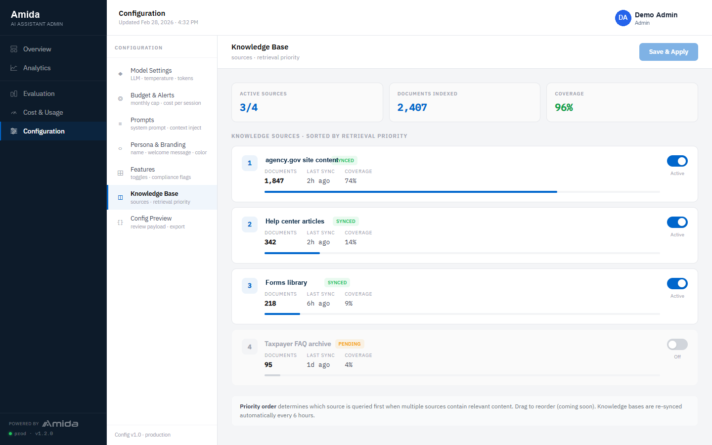 AI Chatbot: Knowledge base control: your sources, sync status, and coverage, no code