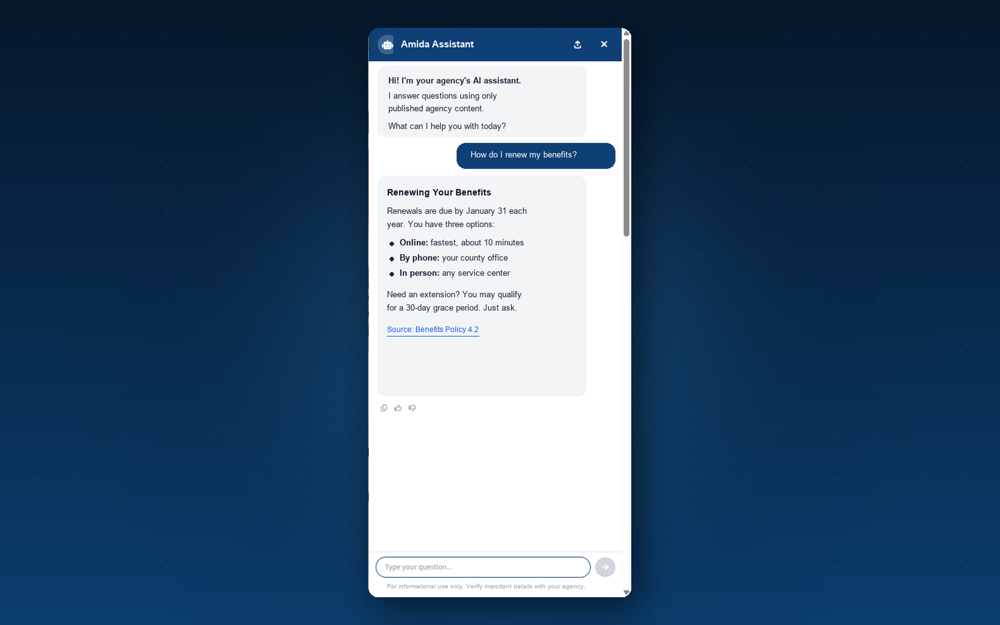 AI Chatbot: The resident view: plain-language answers with sources, right on your site