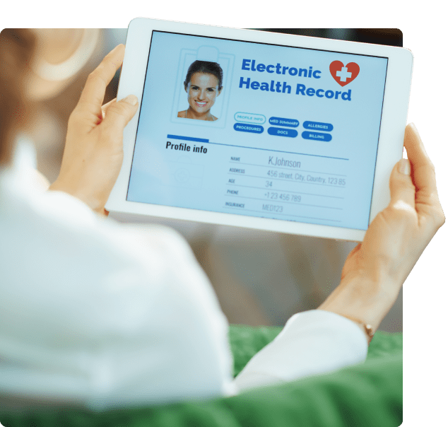 Doctor holding a tablet displaying an electronic health record