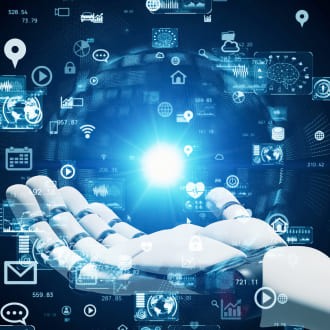 Robot hand with a strong light glowing in the center
